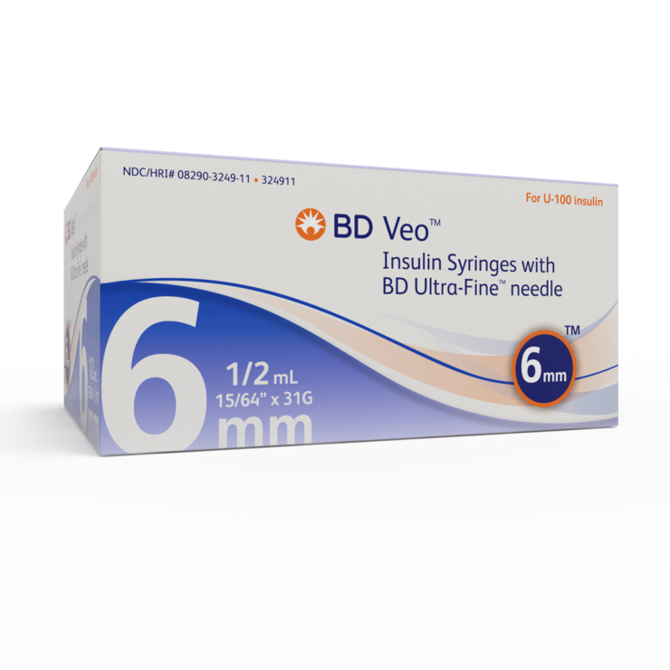 Syringe 1/2cc w/Needle Insulin Veo™ Ultra-Fine™ 0.5 mL 31 Gauge 15/64 Inch Attached Needle Without Safety (100/BX 5BX/CS) by BD  ID 324911